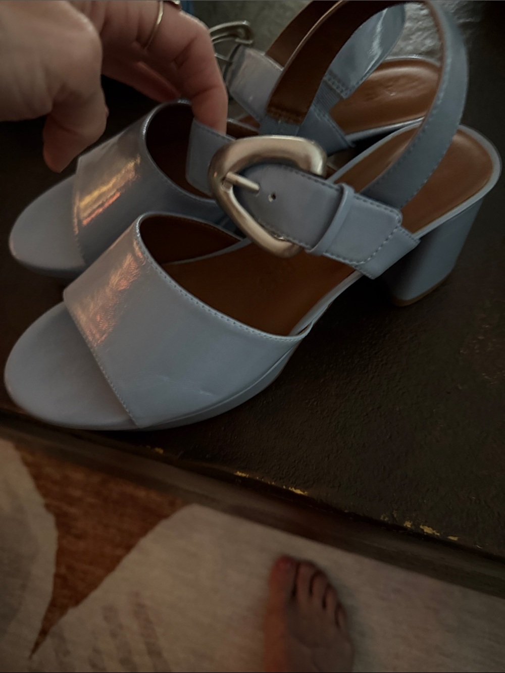 AEROSOLES Light Blue Chunky Heel Sandals with Buckle